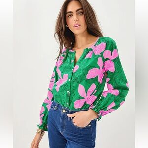 NWT Lilly Pulitzer Aldina Button Down Blouse Small Kitts Green Sunset Shadows